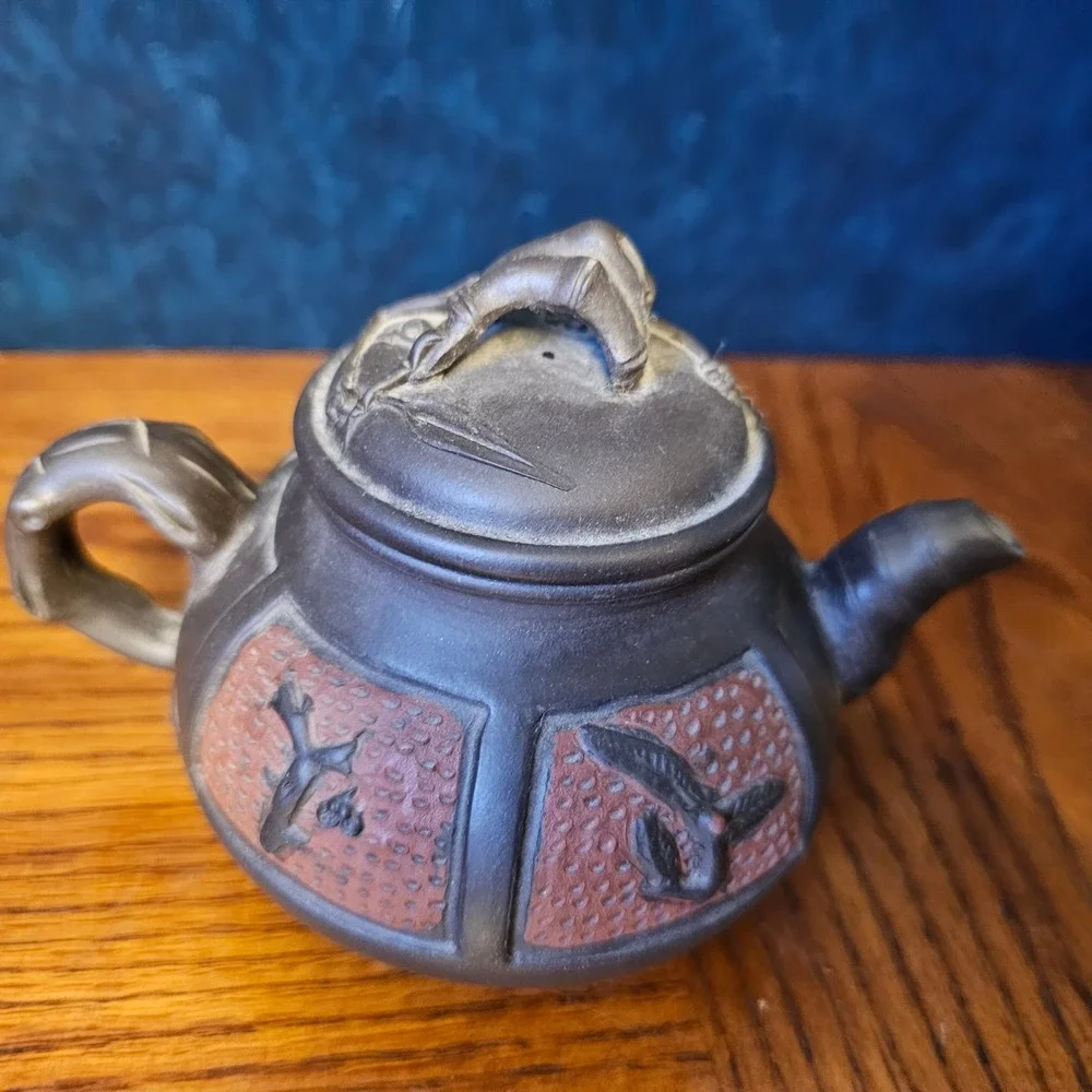 Vintage Yixing Zisha Clay Teapot Bamboo Plum Blossom Relief Purple Clay Teaware